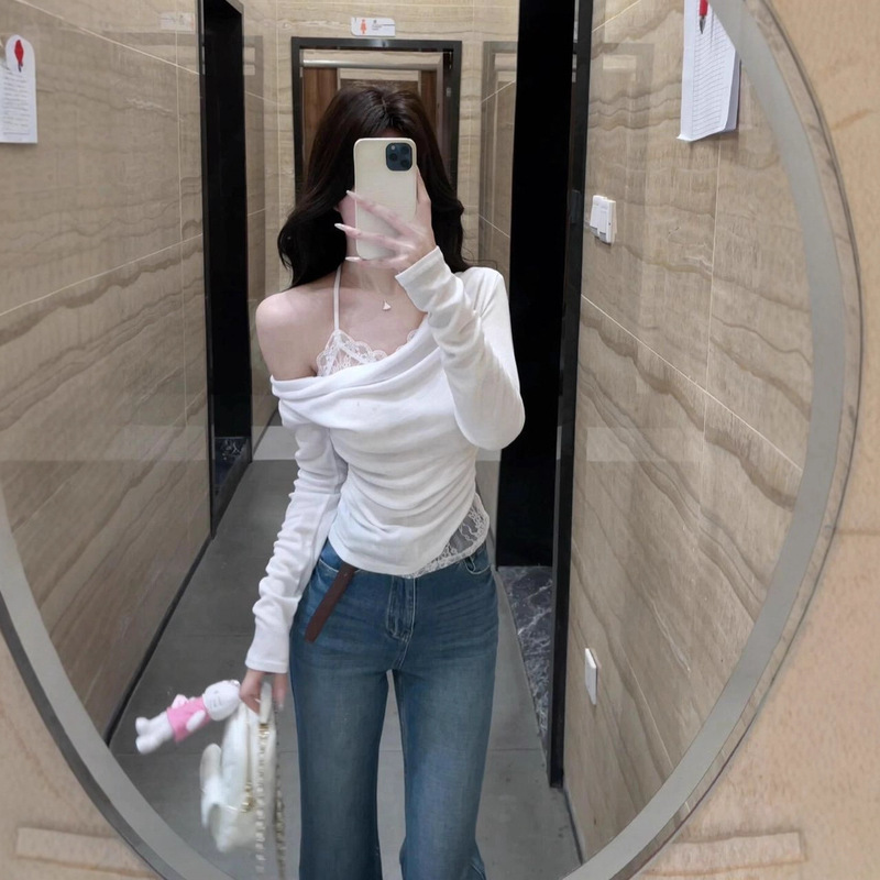 [210g 40 Count Fine Cotton 1*1] French White Lace Swing Collar Slanted Shoulder Long-Sleeved T-Shirt Women's Autumn Off-Shoulder Top