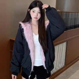 美式复古毛毛领连帽工装短外套女秋冬季新款加厚毛绒保暖棉衣棉服