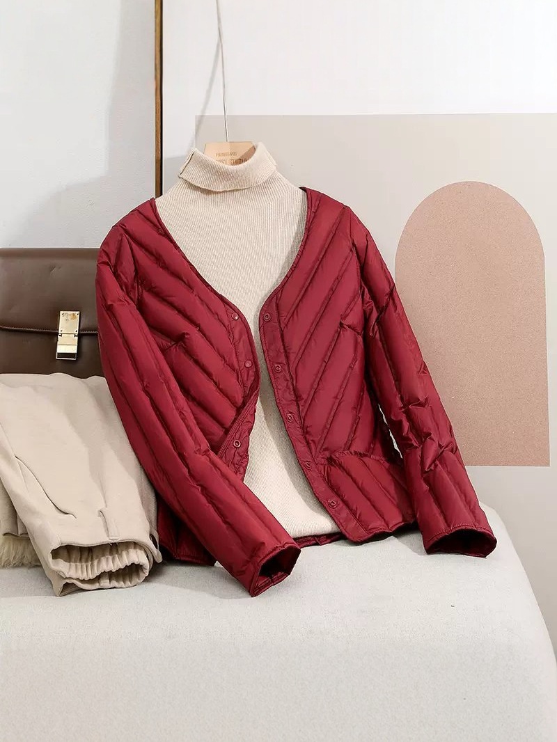 Transfronterizo Tik Tok90 camisa de plumón para mujeres corto ligero invierno invierno cuello redondo cuello en V chaqueta casual