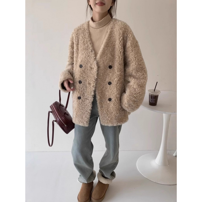 韓国風100%羊毛Vネックミドル丈粒状ベルベットコート レディース 2025冬 ラムウールファー一体型コート