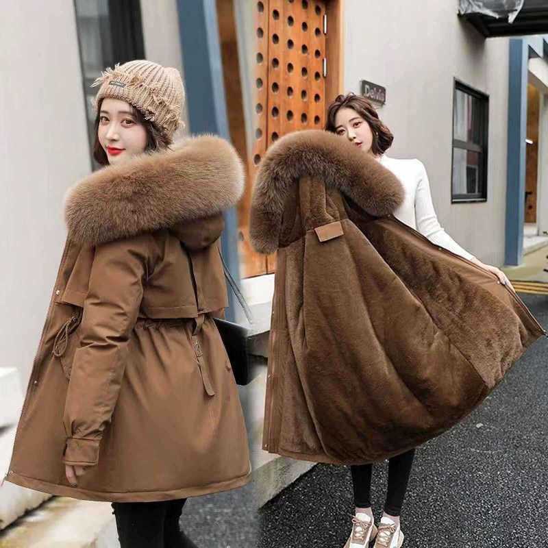 Winter Fleece-Lined Parka Cotton Jacket for Women 2025 New Mid-Length Thickened Waist-Cinching Fashionable Stylish Women's Cotton Coat