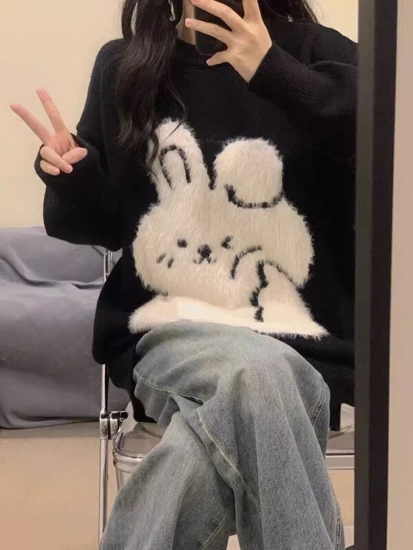 超可爱！慵懒风黑色兔子套头毛衣女秋装新款宽松长袖针织衫上衣潮|undefined