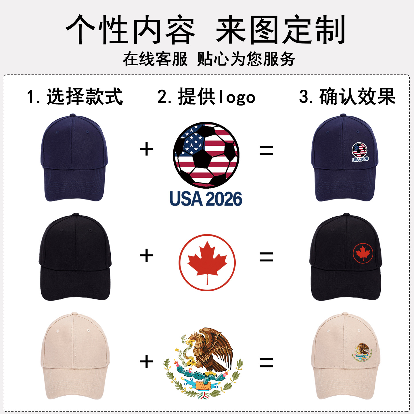Estados Unidos, México, Canadá, México, 2026 Copa del Mundo, sombreros de béisbol de fans, logotipo personalizado, sombreros mexicanos, logotipo al por mayor transfronterizos image 2