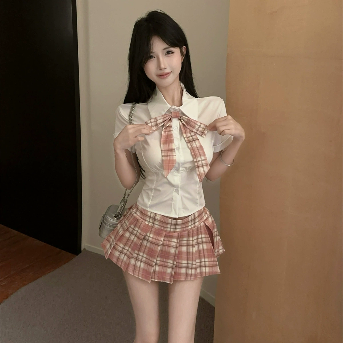 Миниатюрный модный комплект в стиле преппи Pure Desire JK, униформа с бантом, рубашка с короткими рукавами, клетчатая плиссированная юбка