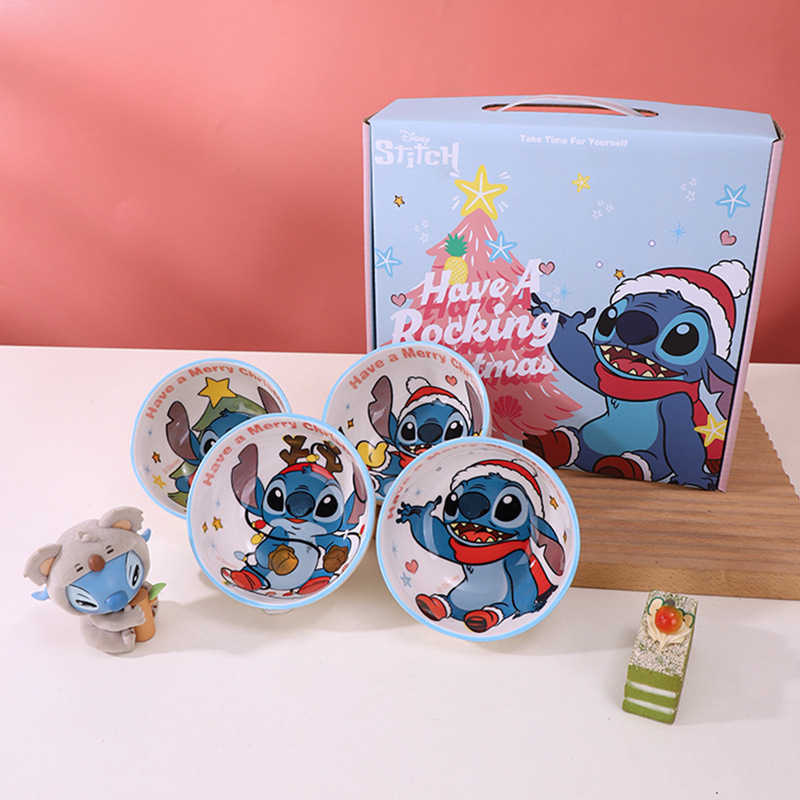 Disney 2025 nuevo tazón de arroz a rayas Stitch juego de 4 piezas de color bajo vidriado caja de regalo regalo regalo de inauguración