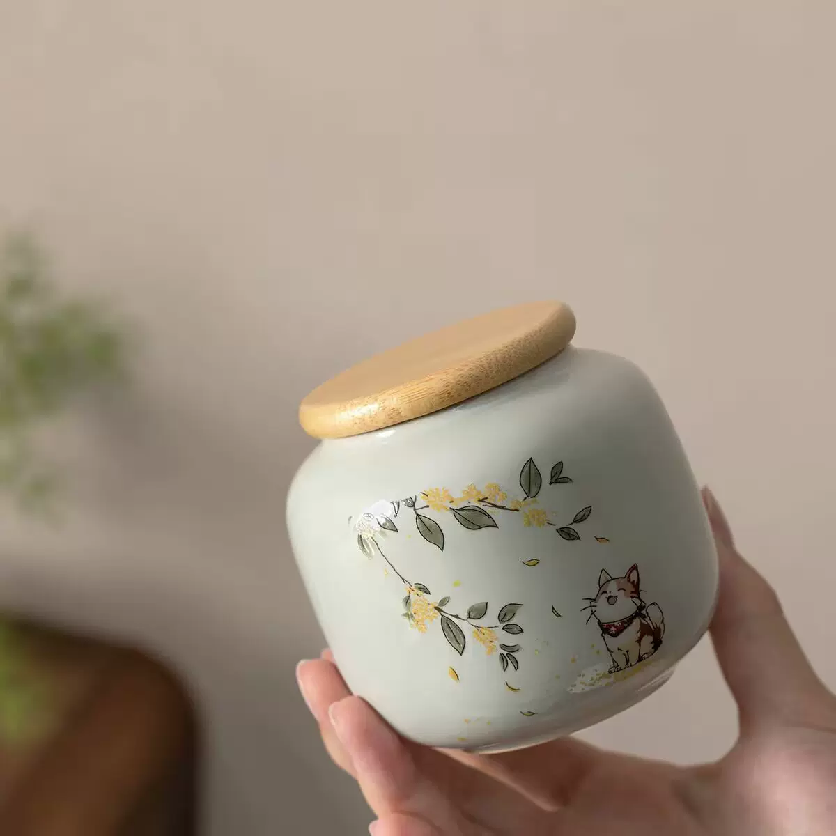 红岳草木灰福猫茶叶罐陶瓷家用小号储茶罐中式茶仓防潮密封罐子
