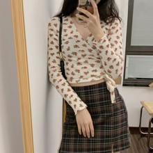 BM风brandy同款宋妍霏新款碎花系带上衣bmV领T恤同款长袖绑带女潮