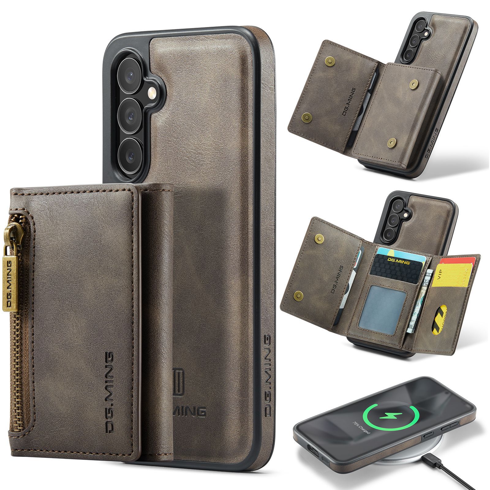 M5 für Samsung S24 magnetische kabellose Ladetelefonhülle S24 Plus Zwei-in-Eins-Anti-Diebstahl-Bürsten-Brieftaschen-Schutzhülle_voghion.com