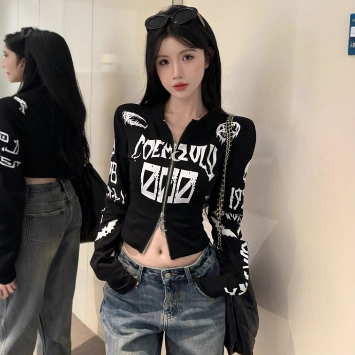 Sexy Pure Desire High Elastic Thread Long Sleeve Zipper Cardigan Women's Autumn Slim Thin Hot Girl Navel Exposed Fashion Tops Top
