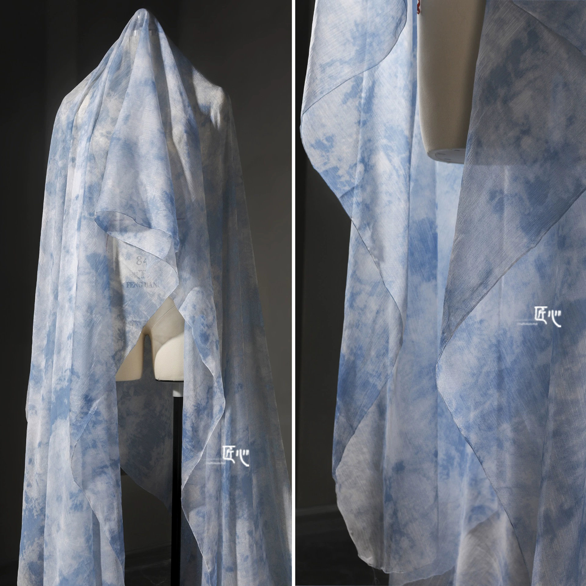 Небесно-голубая шифоновая пряжа с принтом тай-дай, двусторонняя полупрозрачная гладкая шелковистая широкая юбка, юбка, блузка, ткань для одежды