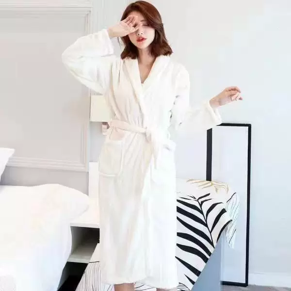 秋冬款长袖珊瑚绒加厚保暖家居服男浴袍女法兰绒男女情侣可外穿