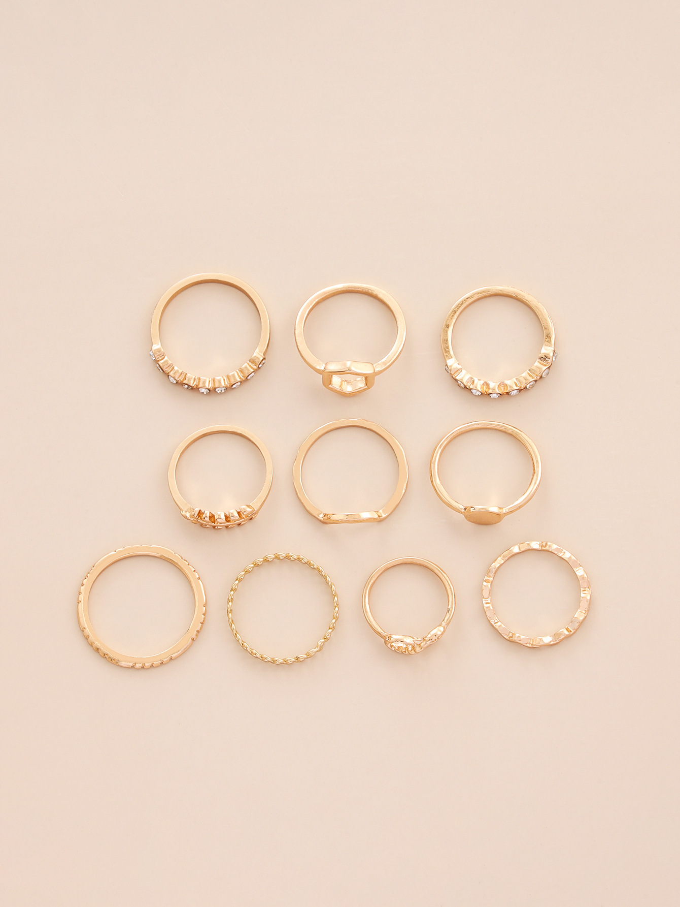 Foreign Trade Hot Selling Personalized Simple Geometric Round Eight-character Leaves Corrugated Ribon Diamond Retro Knuckle Ring 10 Pcs Set display picture 3