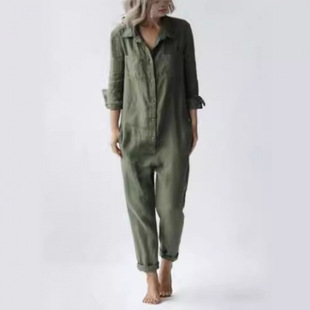 2025 Foreign Trade Hot-Selling Casual Lapel Pocket Long-Sleeved Pure Color Cotton Jumpsuit Green