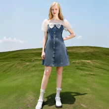 一手货源【佳人苑】品牌专柜撤柜！立体蝴蝶结拼接牛仔连衣裙25夏