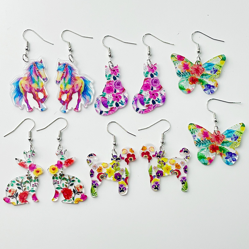 Cross-Border New Product 2D Acrylic Double-Sided Amazon Fun Colorful Animal Earrings Butterfly Rabbit Horse Cat