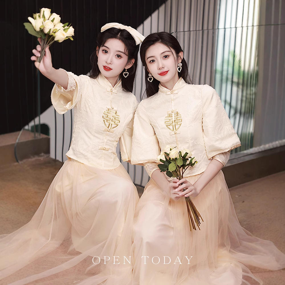 New Chinese Style Bridesmaid Dress Champagne Color Long-Sleeved Sister Dress New Wedding Dress Can Be Worn Daily Autumn and Winter Thickened