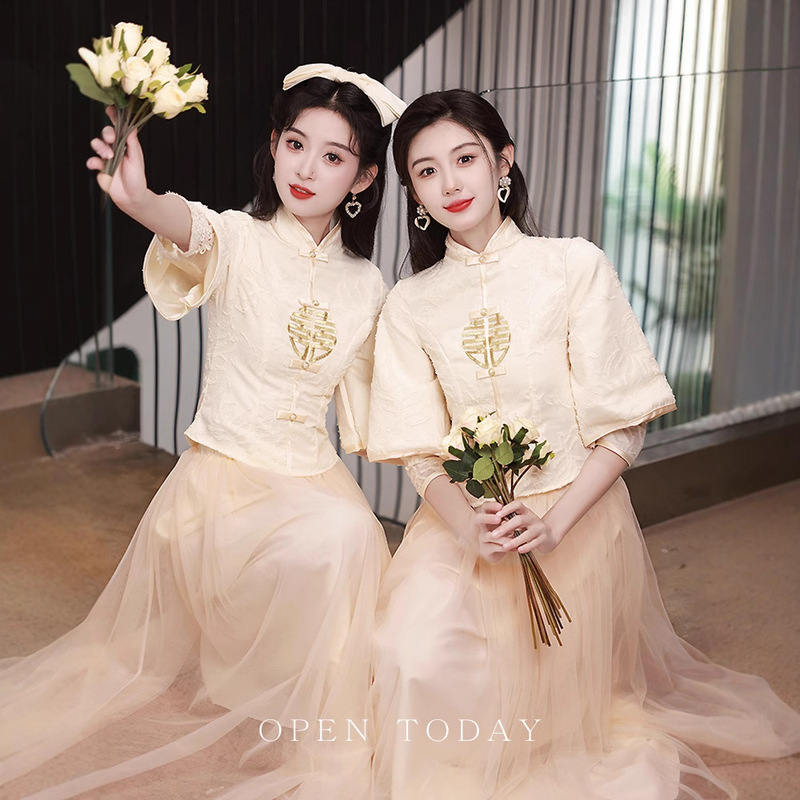 New Chinese Style Bridesmaid Dress Champagne Color Long-Sleeved Sister Dress New Wedding Dress Can Be Worn Daily Autumn and Winter Thickened New Chinese Style Bridesmaid Dress Champagne Color Long-Sleeved Sister Dress New Wedding Dress Can Be Worn Daily Autumn and Winter Thickened