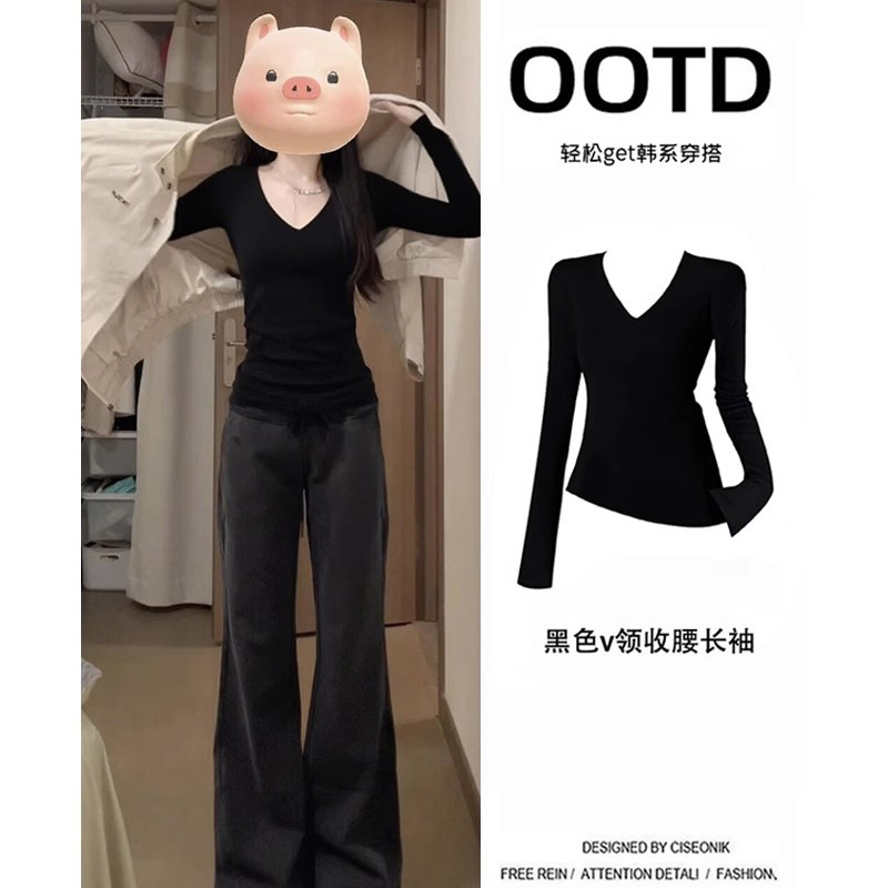 Black V-Neck Inner Layering Shirt Top Long-Sleeved Women's Autumn and Winter Tight-Fitting Right-Shoulder T-Shirt Women's Slimming Look and Super Good-Looking