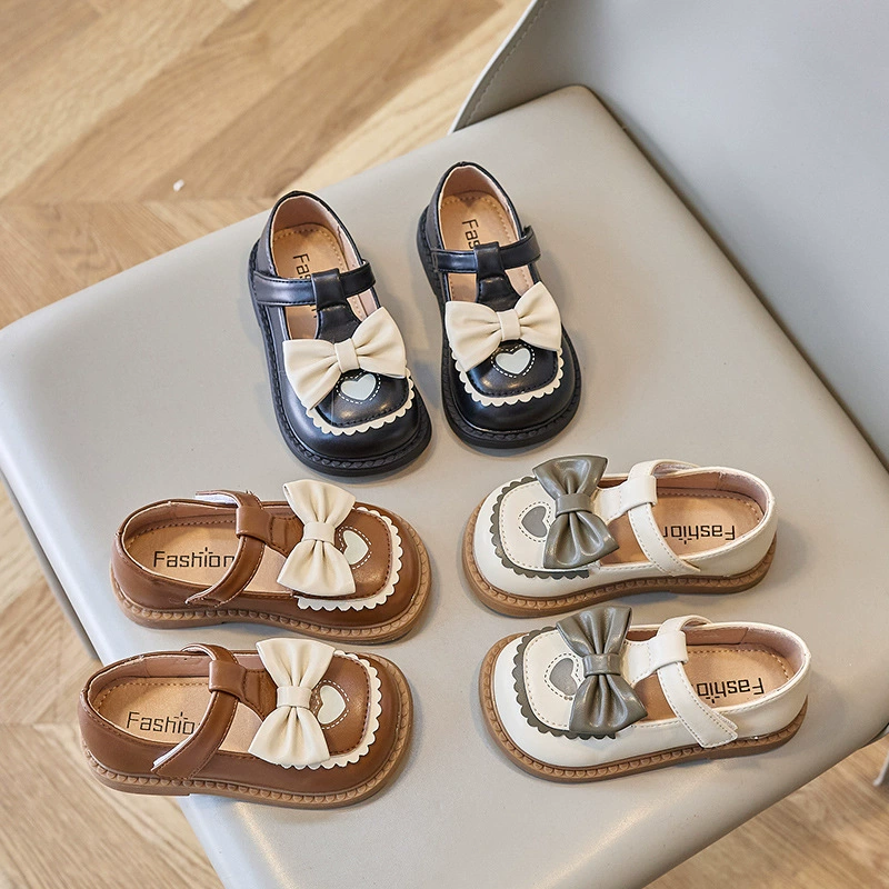 Детская кожаная обувь 2024 Весна в Корейском стиле для девочек с кружевным бантом в западном стиле принцессы, милые туфли в горох, Детская мода