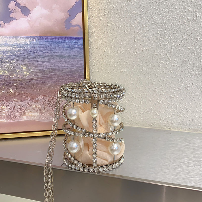 Elegant Metal Pearl Bucket Bag - Sparkling Diamond Hollow Out Chain Silk Handbag & Crossbody Bag For Banquets