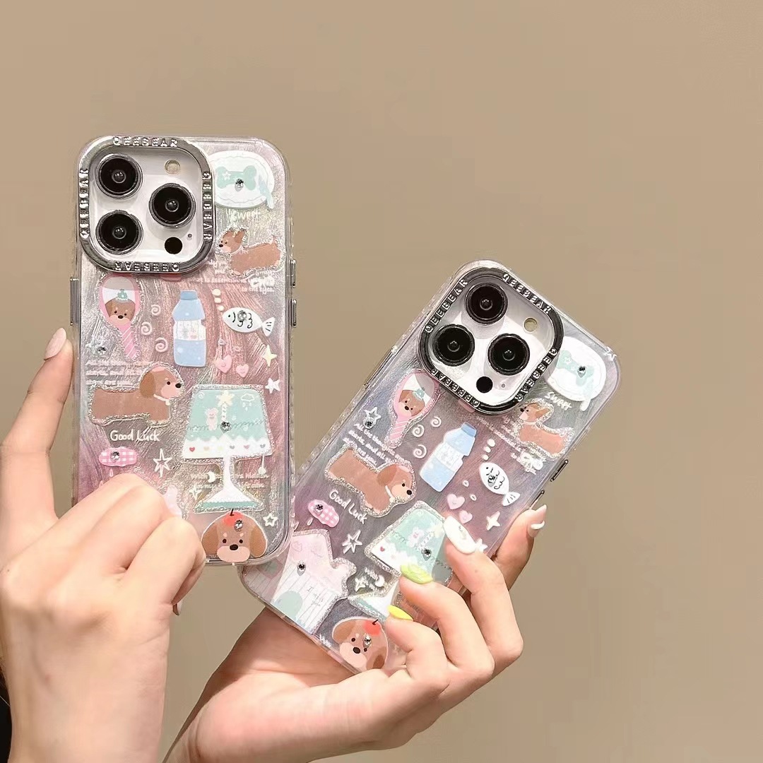 Casa Perro de manzana IPhone15promax Diamante de puntos Apple 15pro funda para teléfono móvil IP13/14 hilo de plumas