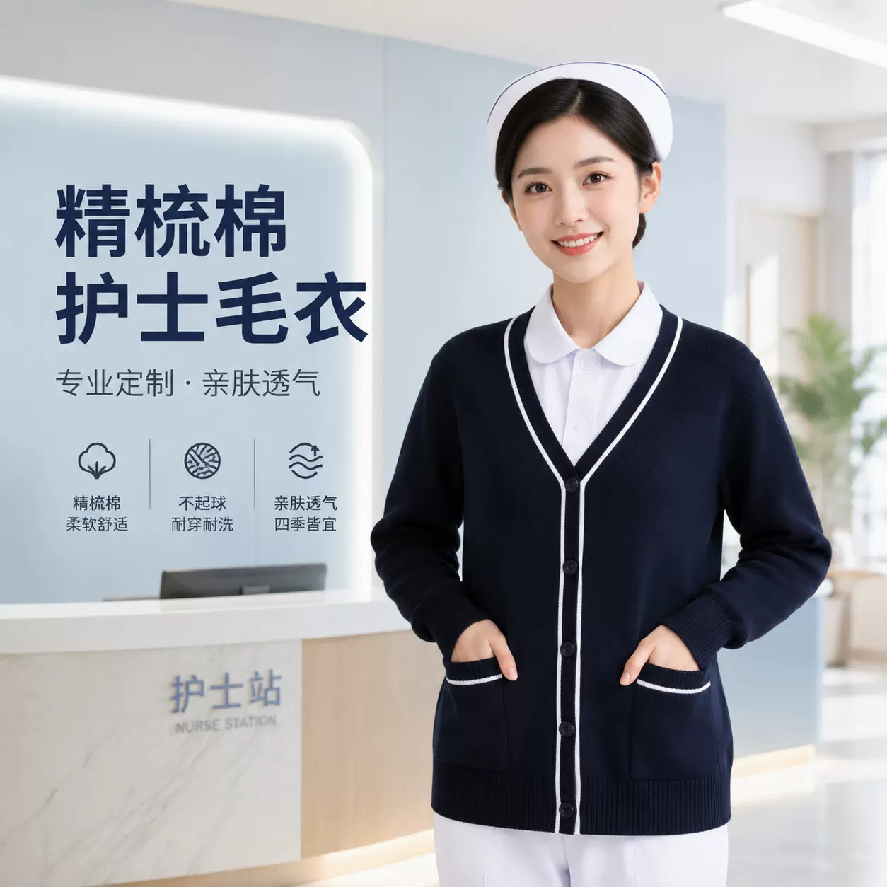 精梳棉护士毛衣女亲肤不扎身宽松长袖针织外搭工作服通勤针织开衫