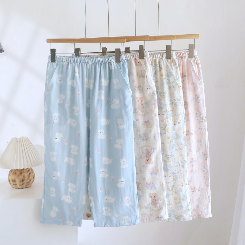 New Style Women's Summer Pure Cotton Gauze Cartoon Pajama Pants, Simple, Casual, Comfortable, Sweet, with Pockets, Home Wear, Three-Quarter Length Pants