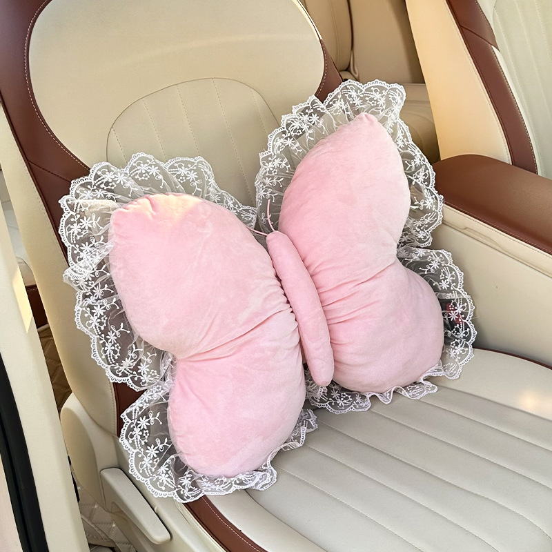 2026 New Car Accessories Plush Butterfly Headrest and Lumbar Support Pink Headrest and Lumbar Support