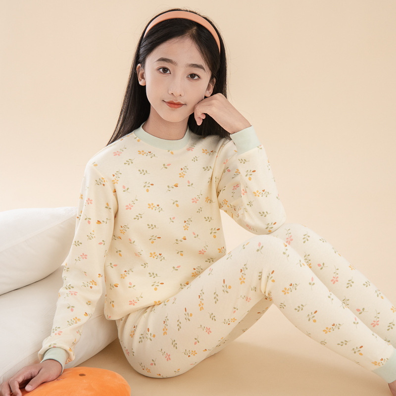 Teenage Girls' Autumn Cotton Thermal Underwear Set, Middle School Students' Base Layer Cotton Sweater, Girls' Pajama Set
