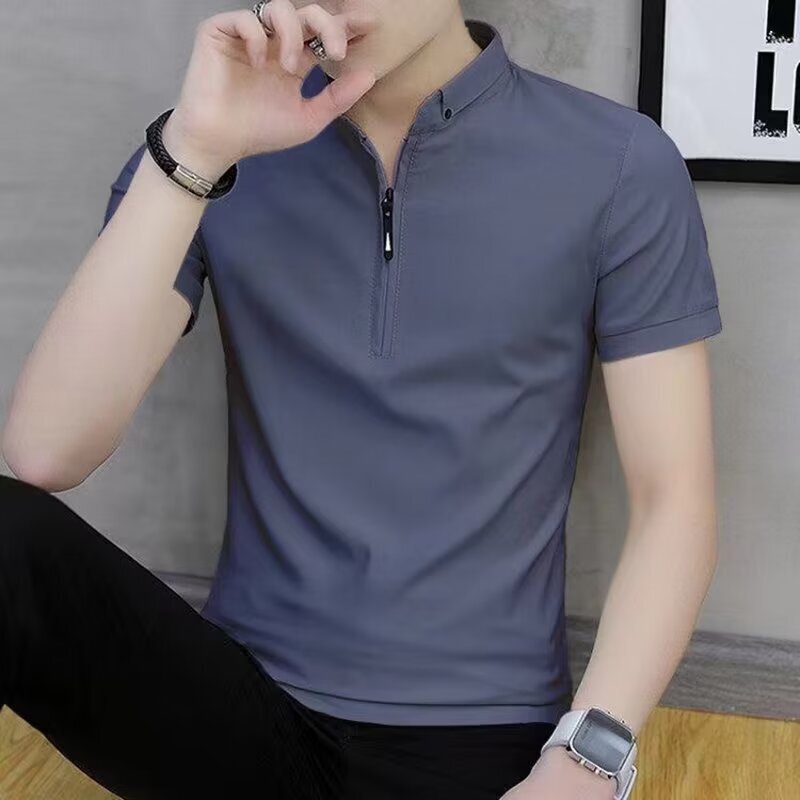Cool Men's short-sleeved shirt summer new Korean style trendy slim-fit fashionable half-sleeved men's zipper polo shirt top clothes