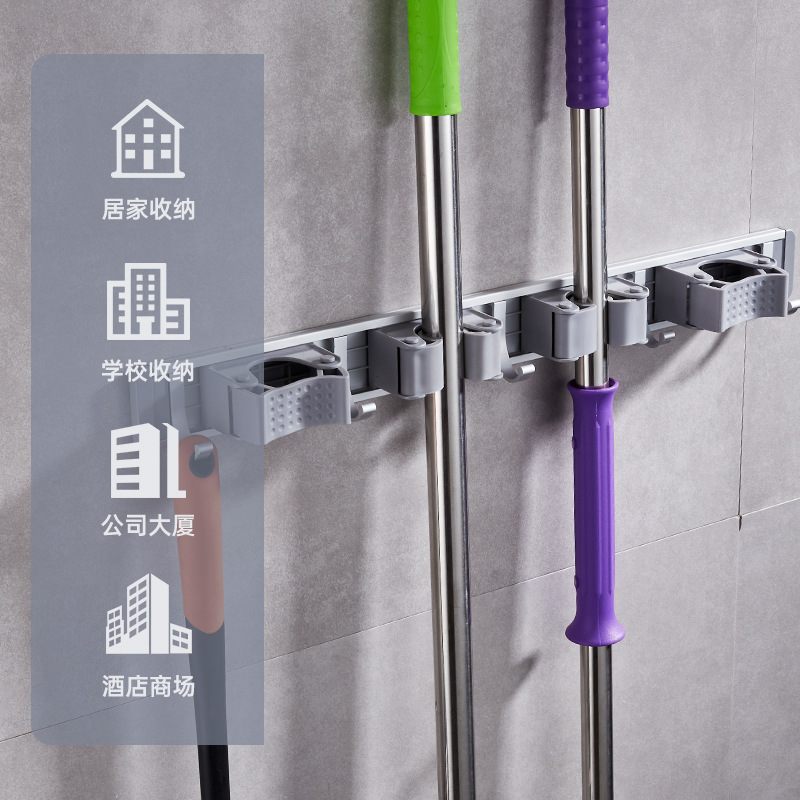 Estante de la fregona de almacenamiento de baño de cocina montado en la pared clip de la fregona espacio libre de aluminio fregona escoba rack de almacenamiento