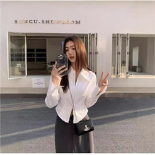 韩版港风白衬衫女上衣短款秋装衬衣女长袖双拉链显瘦高级外搭长袖