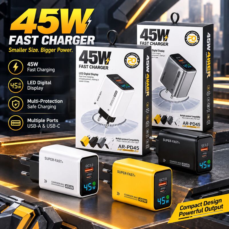 Factory direct sales: 45W dual-port smart digital display phone charger, USB + Type-C, European and American standard, fast charging adapter for travel Factory direct sales: 45W dual-port smart digital display phone charger, USB + Type-C, European and American standard, fast charging adapter for travel