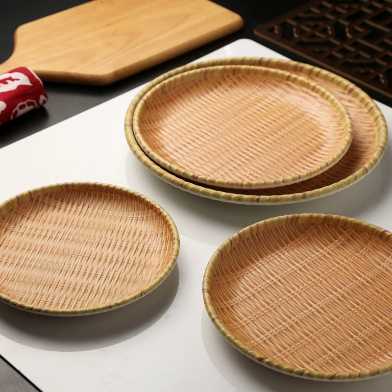 Bantamine Imitation Vine-Woven Dim Sum Plates for Hot Pot, Rectangular Bamboo Plastic/Porcelain