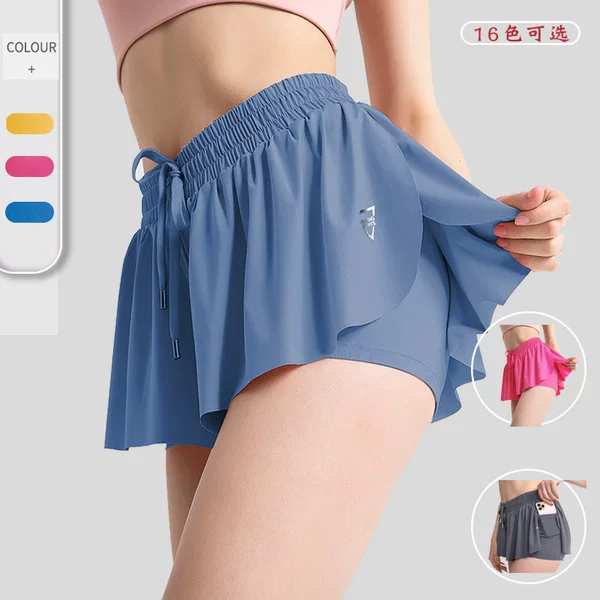Pocket 2023 new women's foreign trade yoga clothes running fitness Sports Tennis Skirt Sports fake two-piece short culottes