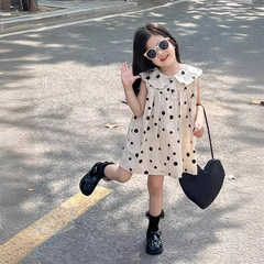 Korean Children's Dress for Girls 2024 Summer Dress Polka Dot Sleeveless Petal Collar Backless Dress Trendy Princess Dress