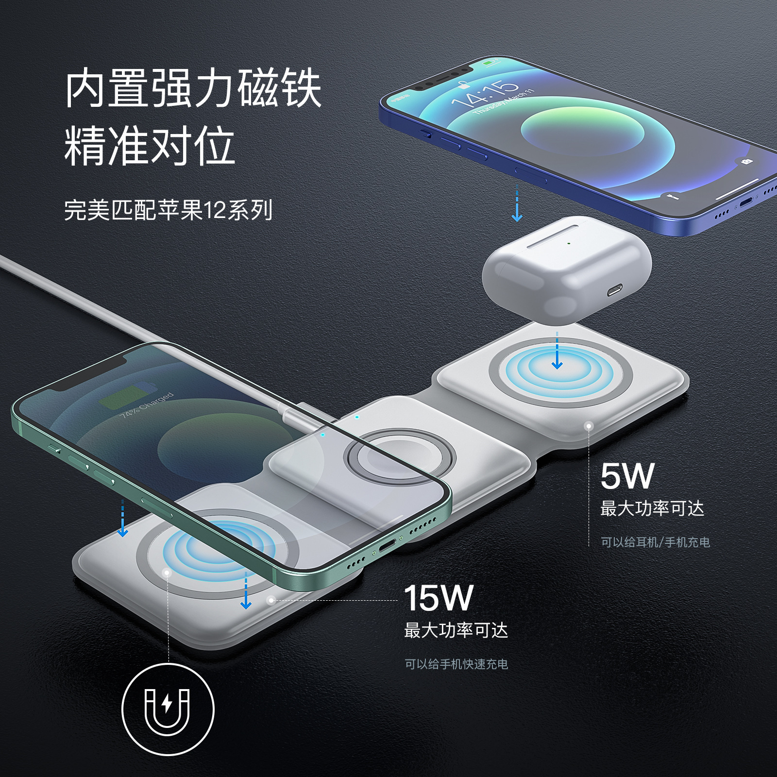 Three-in-One Magnetic Folding Wireless Charger Fast Charging Portable Adaptable Pingguo Mobile Phone Charging Headset Watch Charging