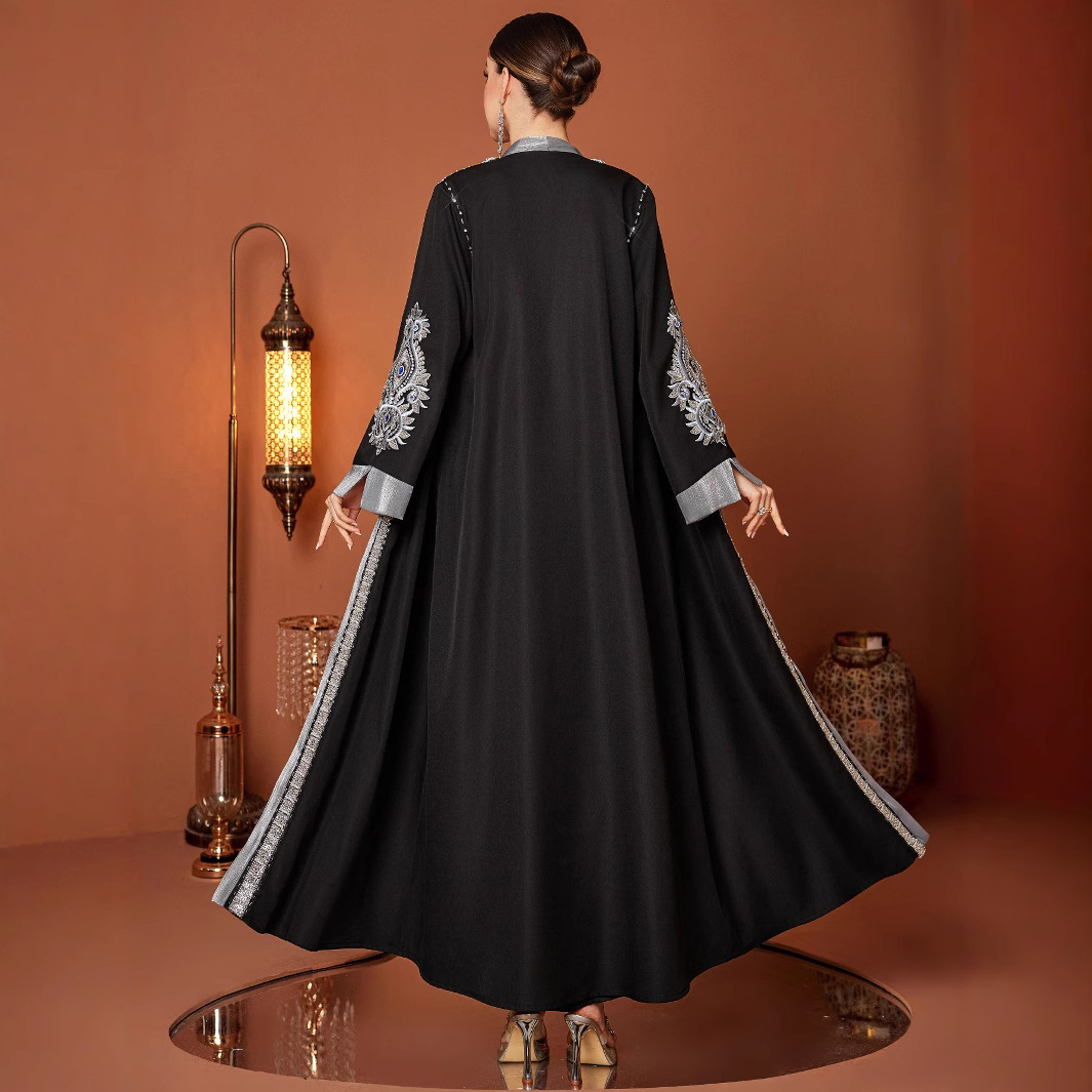 ZF4152 MUSILIM Plus Size Morgenmantel, handbestickt mit Blumenmuster und Strasssteinen, ABAYA, orientalische Damenmode_voghion.com
