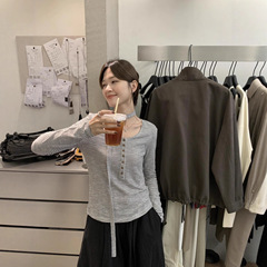 MISS密思家-秋季新款韩系条纹单排扣圆领长袖T恤女89035(配飘带)