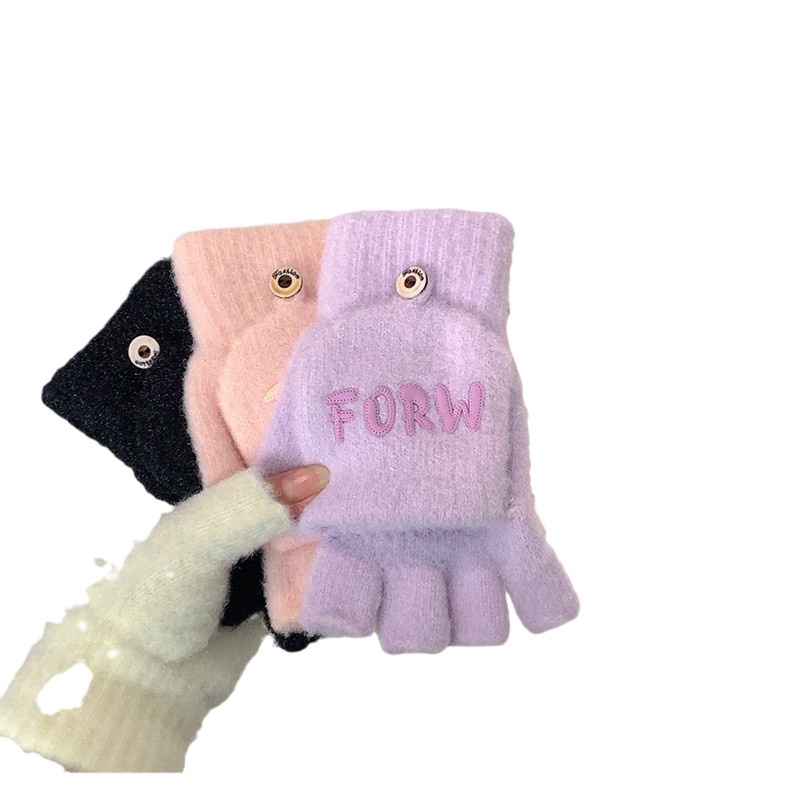 따뜻하고 차가움 방지 학생용 반 손가락 플립 장갑 겨울용 한국식 장갑 귀여운 손가락 없는 울 플러스 벨벳