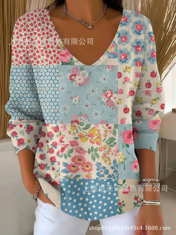 欧美跨境独立站新款3D印花女士时尚渐变色V领长袖T恤上衣|undefined
