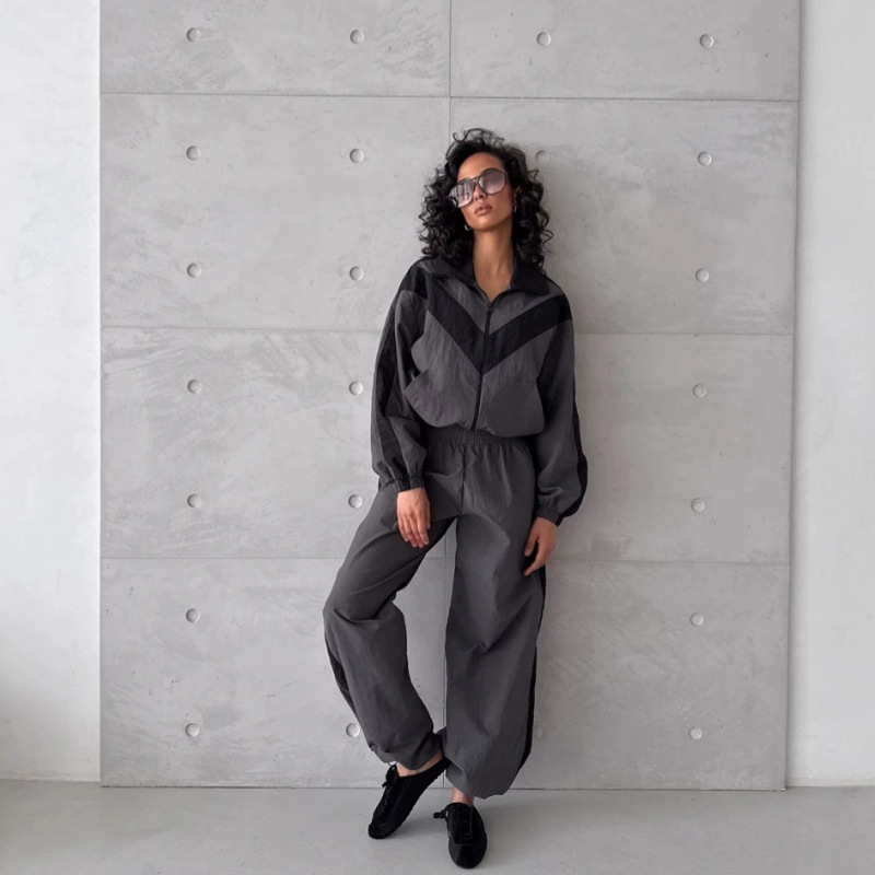 Casual Style Cross-Border Women's Nylon Color-Block Waterproof Fashion Zip-Up Fold-Over Collar Jacket and Elastic Waist Straight-Leg Pants Set Casual Style Cross-Border Women's Nylon Color-Block Waterproof Fashion Zip-Up Fold-Over Collar Jacket and Elastic Waist Straight-Leg Pants Set
