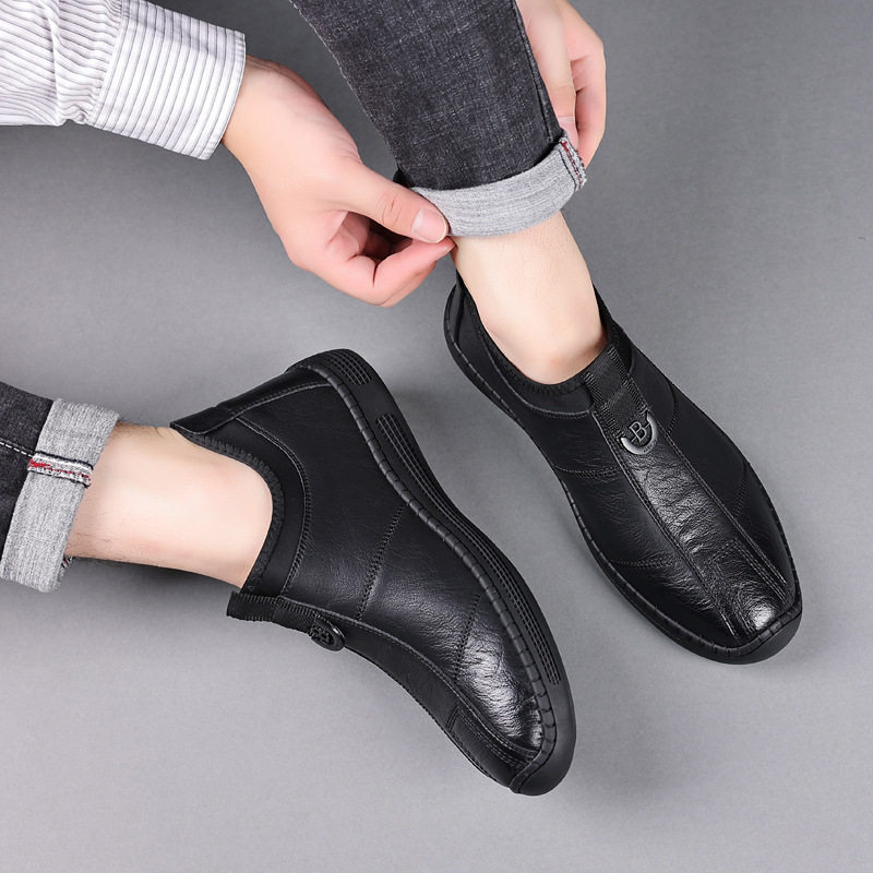 Giày da nam cổ thấp lót nhung giữ ấm, giày lười da bò thoáng khí chống trượt gót thấp 1–3 cm — GX2088 màu nâu, GX2088 màu đen