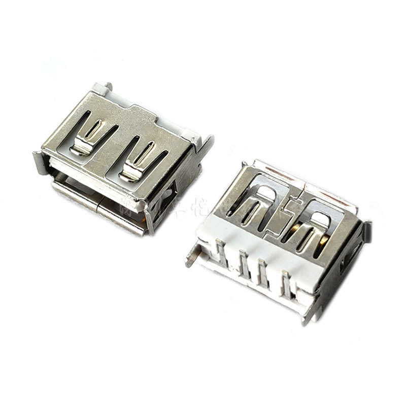 USB Female Connector, Vertical, 2-Prong Plug Board, 4P, Surface-Mounted, L10.0, White Plastic Core, Direct-Insert A-Type USB 2.0 Connector