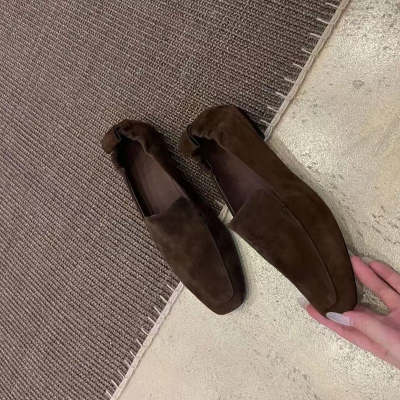 方头乐福鞋女秋季软皮舒适平底一脚蹬懒人鞋百搭休闲麂皮绒单鞋|undefined