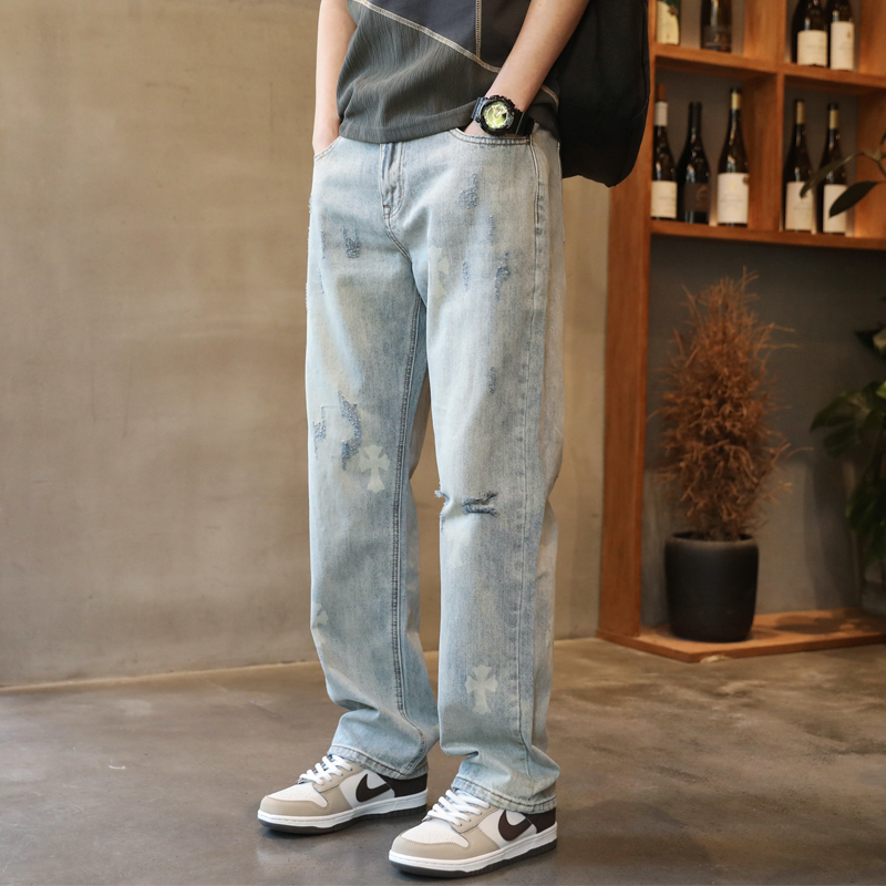 2025 Autumn/Winter New Men's Jacquard Straight-Leg Pants Youth Loose Jeans National Trend Ootd Set Printed Trend