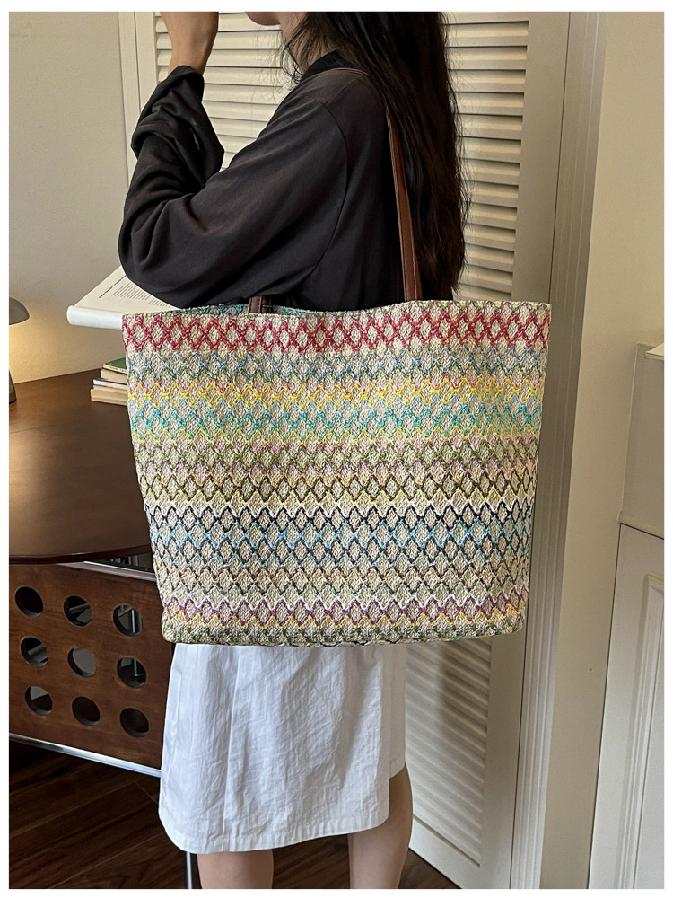 Women's Large Woven Tote Bag Shoulder Bag With Contrast Texture_voghion.com