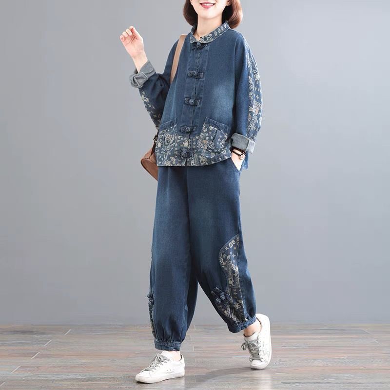 Plus Size Denim Stand Collar Suit Women's Ethnic Style Patchwork Plate Buckle Loose Fashion Jeans Suit Two-Piece Set