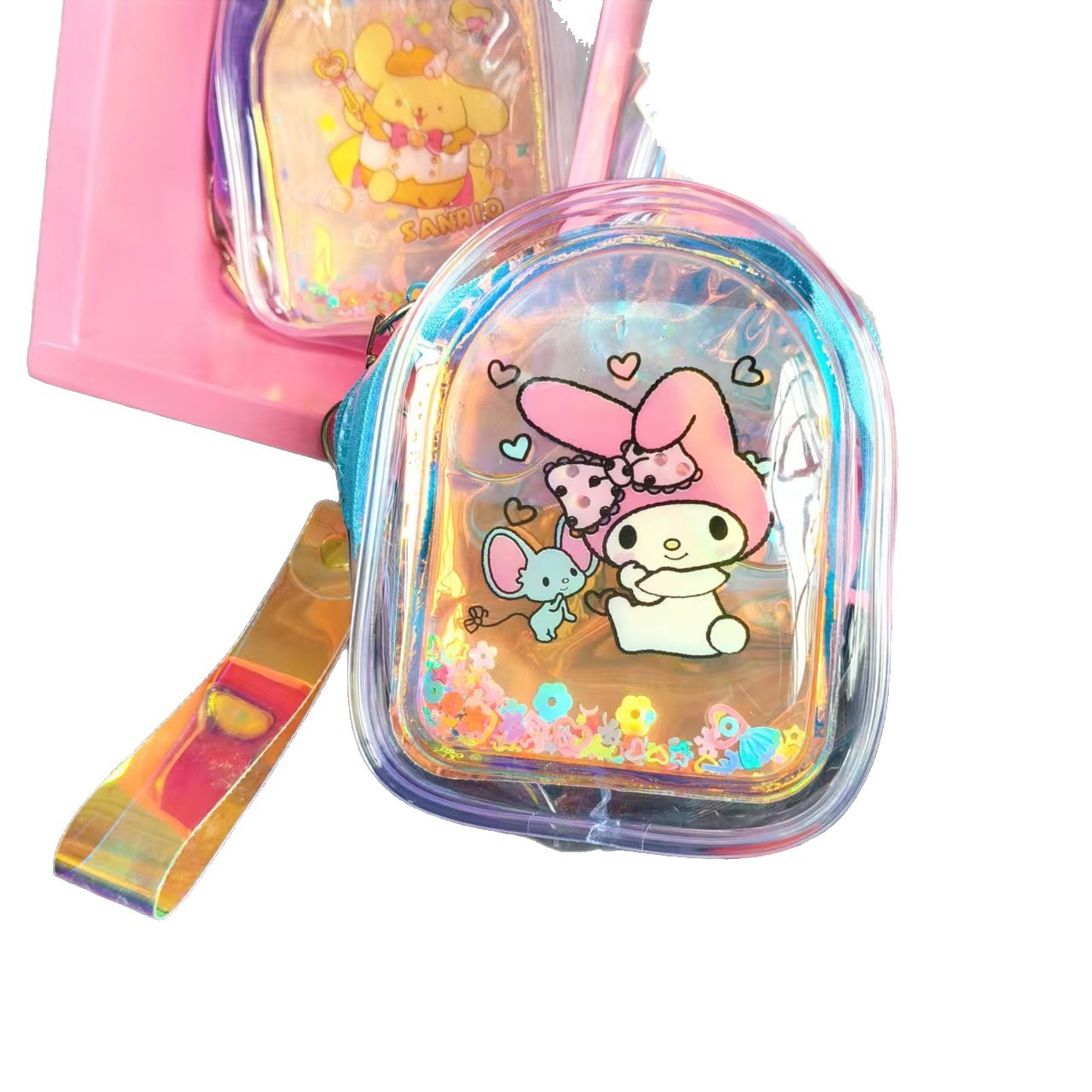 Simulación mini mochila de arena flotante, mochila de cambio infantil, mochila de cambio transparente y linda, mochila de decoración para niñas al por mayor