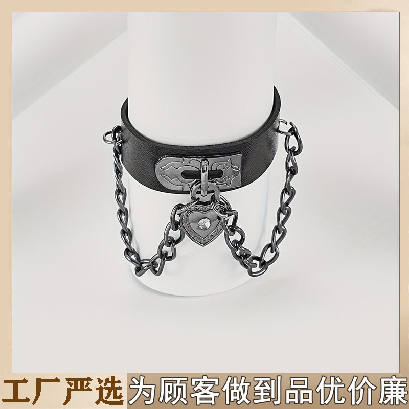 Harajuku Dark Style Bracelet Choker Rock Bar Nightclub Chain Heart Pu Leather Bracelet High-Value Hand Accessory Harajuku Dark Style Bracelet Choker Rock Bar Nightclub Chain Heart Pu Leather Bracelet High-Value Hand Accessory